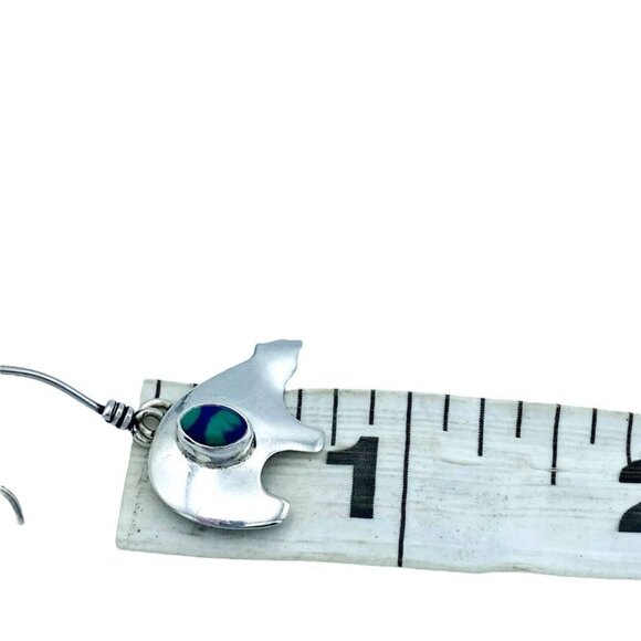 Sterling Silver Signed S.J. Azurite Malachite Bear Earrings Dangle Drop Threader - Picture 6 of 8